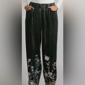 Johnny Was Green velvet embroidered pants.